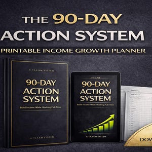 May include: Image of a 90-Day Action System printable income growth planner. The image features a book, a tablet, and printed sheets. The book and tablet display the title in gold and white text. A PDF download icon is in the lower right.