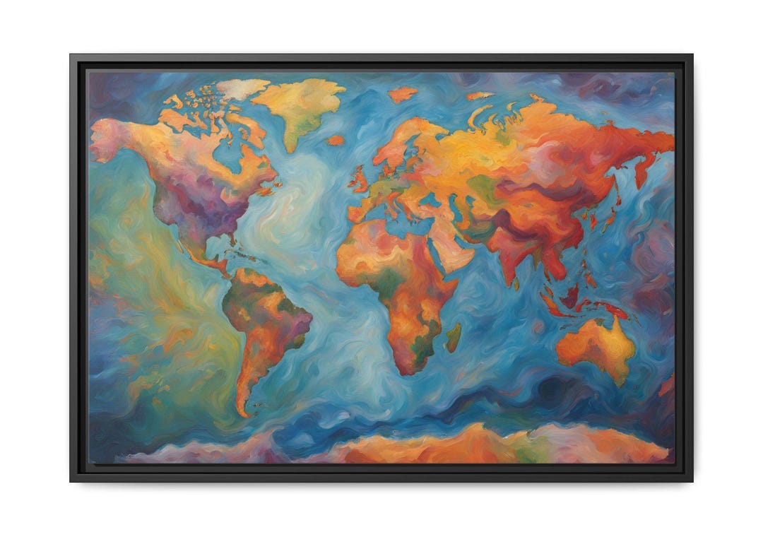 Wall Map Modern Watercolor Art Style Colorful Framed Global World Map ...