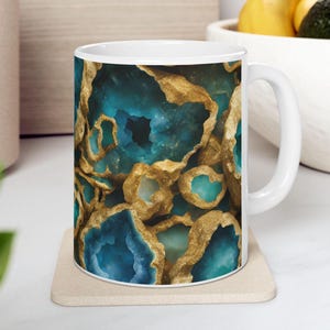 Blue, Green and Gold Geode-look Design Coffee Tea Ceramic Mug Boho Gemologist Gift for Nature Lover Marble Rock Agate Geology Ceramic Mug