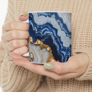 Blue and Gold Geode-look Design Ceramic Coffee Mug Cottage Core Boho Gemologist Gift for Nature Lover Marble Rock Agate Ceramic Mug