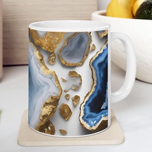 Blue and Gold Geode-look Design Coffee Tea Ceramic Mug Boho Gemologist Gift for Nature Lover Marble Rock Agate Ceramic Mug