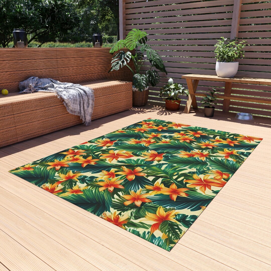Floral Chenille Outdoor Rug With No-skid Backing Cozy Outdoor Carpet ...