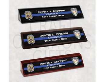 DESK NAME PLATE Police Officer Law Enforcement Executive Wedge Thin Blue Line (Walnut, Black or Rosewood)