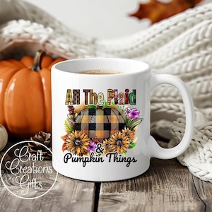 COFFEE MUG 11 oz All The Plaid And Pumpkin Things Fall Autumn Decorative Tiered Tray MugDollhouse Diorama Room Box