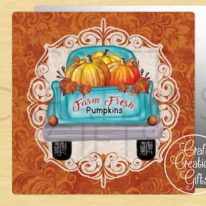 WREATH SIGN Farm Fresh Pumpkins Fall Autumn Blue Truck Tiered Tray Sign Home Decor Dollhouse Miniature