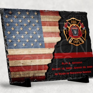 SLATE PLAQUE Thin Red Line Wood-Look Flag Fire Department Firefighter Award Retirement Appreciation Achievement Retiree Gift