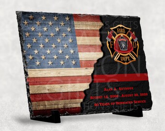 SLATE PLAQUE Thin Red Line Wood-Look Flag Fire Department Firefighter Award Retirement Appreciation Achievement Gift