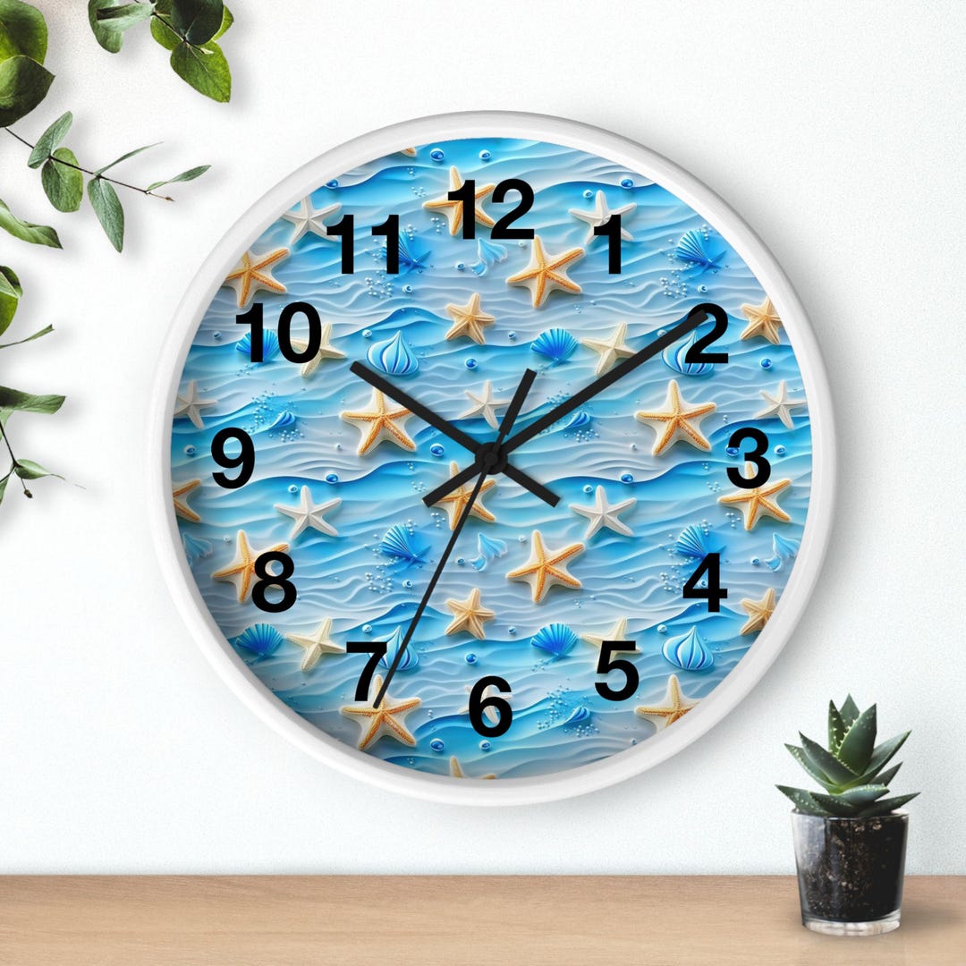 Wall Clock Beach Seaside Starfish Seashells Waves Coastal Nautical ...
