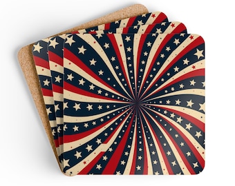 Coaster Set Patriotic Starburst Cork Bottom American Flag 250 Years Commemorative Collectible Decor