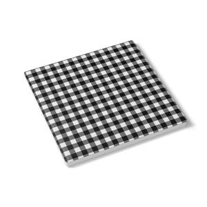 May include: Square black and white checkered pattern. The pattern is a classic gingham design, with evenly spaced squares of black and white. The item has a white border.