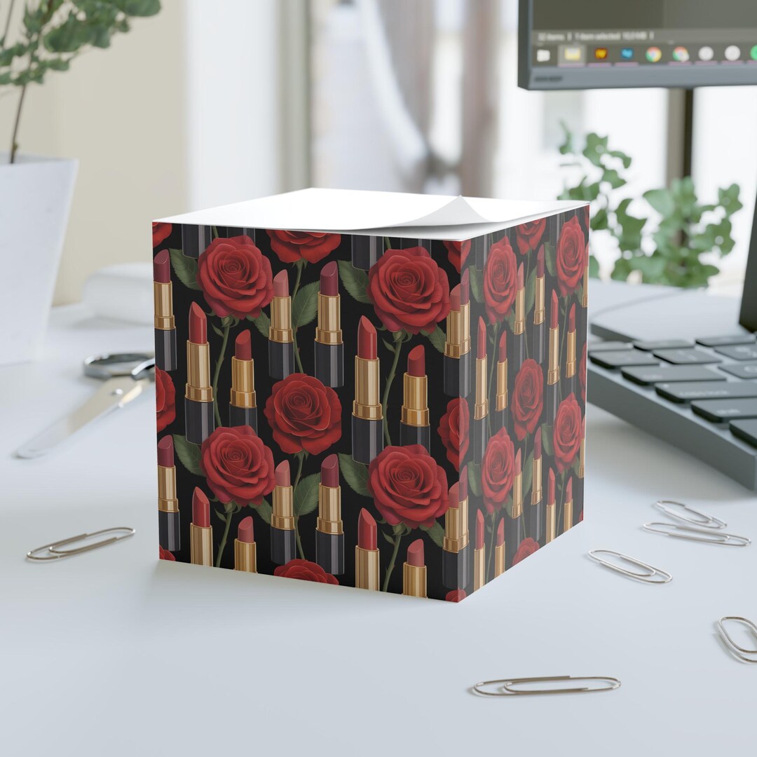 NOTE CUBE Red Roses and Lipstick Floral Makeup Desk Accessory Sticky ...