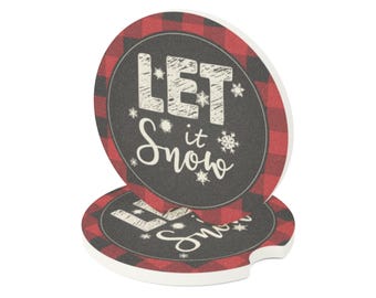 Let It Snow Buffalo Plaid Car Coasters Soapstone Set of 2