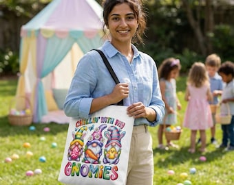 Chillin' With My Gnomies Tote Bag | Colorful Spring Easter Gnome Shopping Book Bag