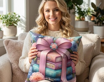 Throw Pillow Stacked Decorative Books with Pink Ribbon Pastel Floral Accent