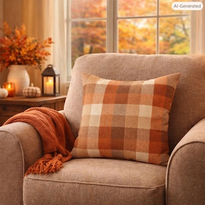 May include: A square throw pillow featuring a woven plaid pattern in shades of burnt orange, tan, and cream. The pillow is placed on a textured brown armchair alongside a folded, chunky knit orange throw blanket with fringed edges.