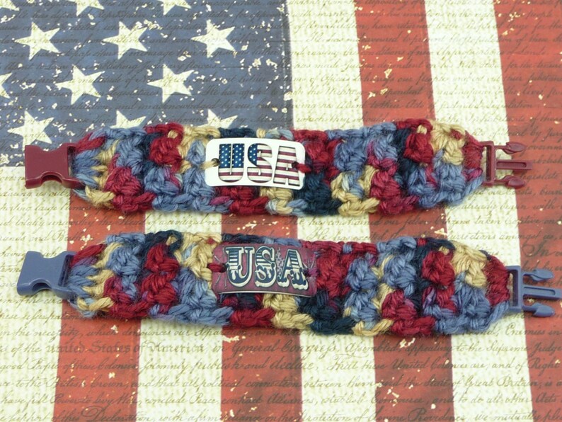 USA BRACELET Set of 2 Americana Crochet Kids Girls Cuff Paracord Buckle Cute Jewelry Patriotic Navy Burgundy Tan Name Tag 4th of July