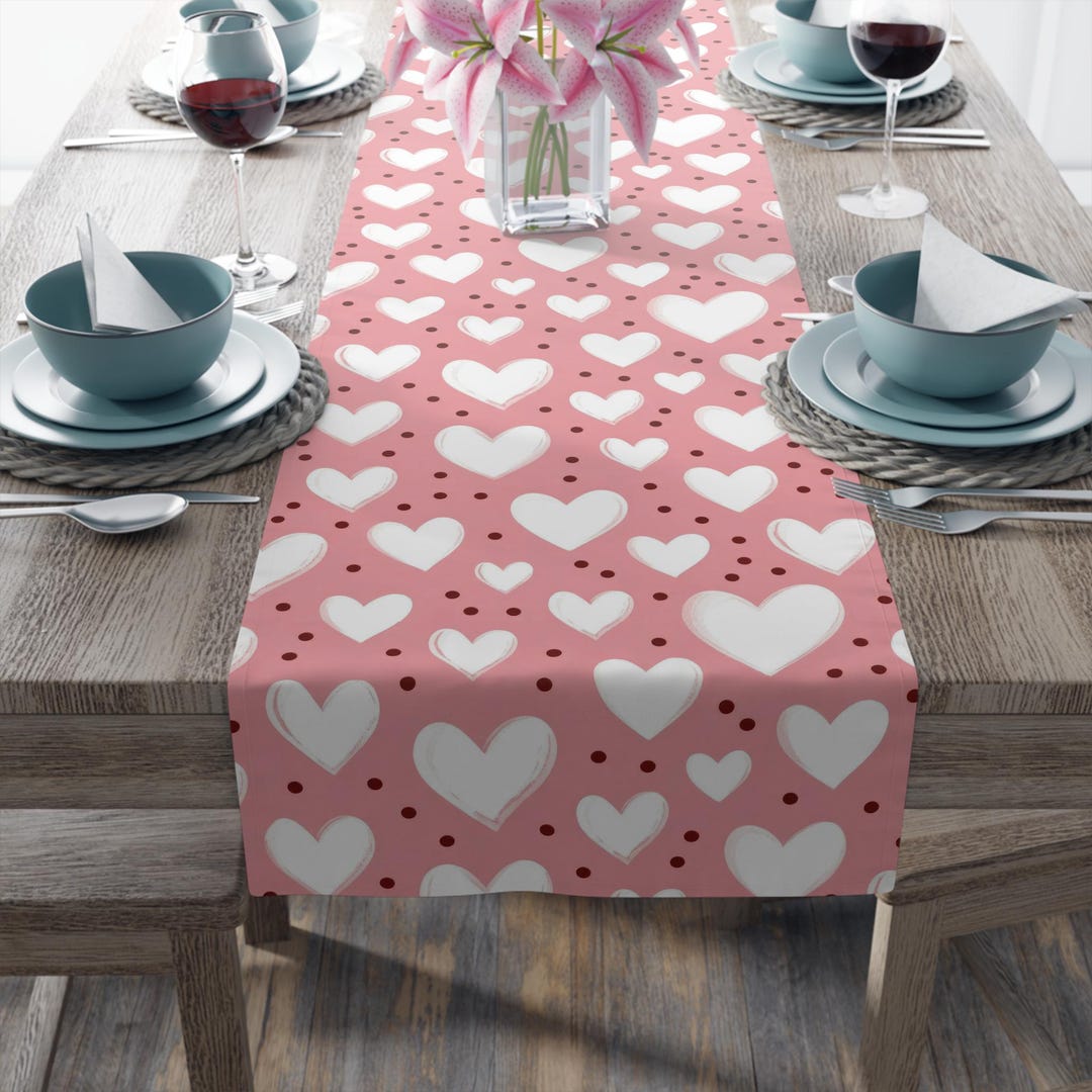 White Hearts Pattern Table Runner | Pink Valentine Heart Design - Etsy