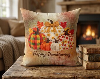 THROW PILLOW Happy Thanksgiving Pumpkins Fall Harvest Decorative Autumn Home Decor