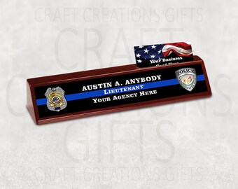 DESK NAME PLATE With Business Card Holder Police Officer Law Enforcement Executive Wedge Thin Blue Line Rosewood