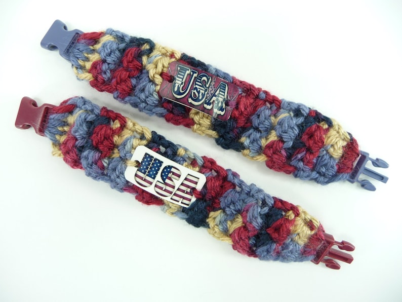 USA BRACELET Set of 2 Americana Crochet Kids Girls Cuff Paracord Buckle Cute Jewelry Patriotic Navy Burgundy Tan Name Tag 4th of July
