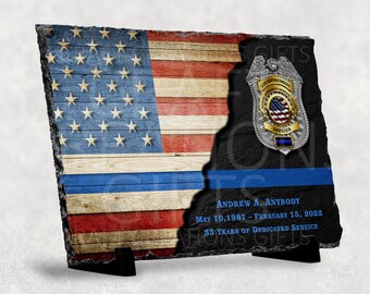 SLATE PLAQUE Thin Blue Line Wood-Look Flag Law Enforcement Police Sheriff Award Retirement Appreciation Achievement Gift