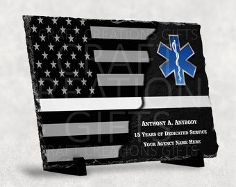 SLATE PLAQUE Thin White Line Subdued Flag Emt/ Ems Award Retirement Appreciation Achievement Gift