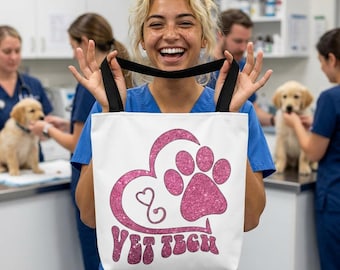 TOTE BAG Vet Tech Pink Glitter Paw Heart Veterinary Assistant Gifts