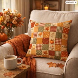 May include: A square throw pillow featuring a patchwork design of orange, yellow, and green squares. The pattern includes illustrations of pumpkins, autumn leaves, and checkered prints. The pillow is placed on a light-colored upholstered chair.