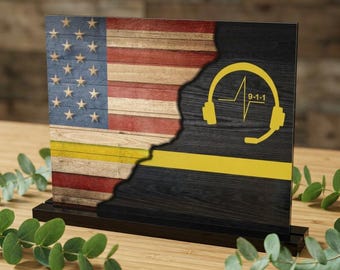 ACRYLIC SIGN 911 Dispatcher Thin Gold Line Flag Rectangular Desk Plaque