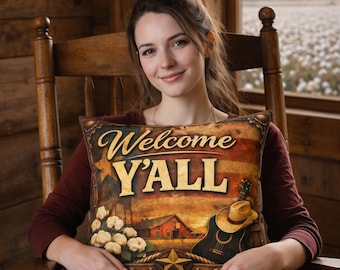 THROW PILLOW Welcome Y'all Texas Rustic Farmhouse Country Western Themed Decor