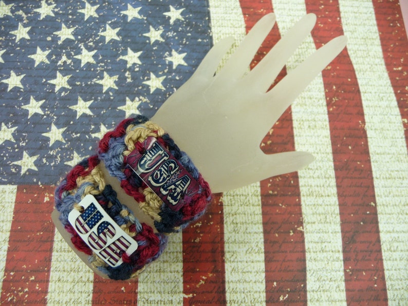 USA BRACELET Set of 2 Americana Crochet Kids Girls Cuff Paracord Buckle Cute Jewelry Patriotic Navy Burgundy Tan Name Tag 4th of July