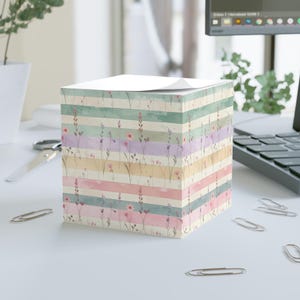 NOTE CUBE Pastel Floral Feminine Stripes Desk Accessory Sticky Memo Block