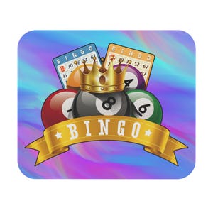 May include: A square design featuring bingo balls, cards, and a gold crown. The black 8-ball is centered, with a gold banner reading "BINGO" below. The background is a blend of purple, blue, and pink hues.