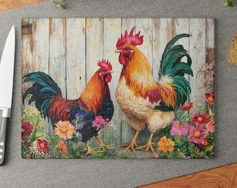 Rooster and Hen Painting Glass Cutting Board | Farmhouse Kitchen Decor