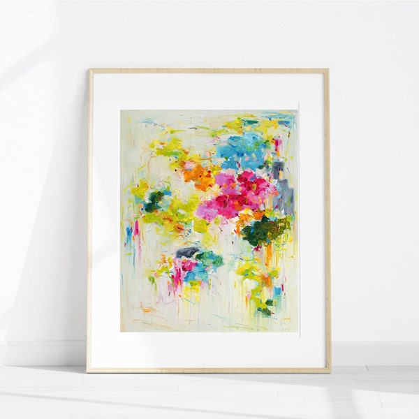 Giclée-tryck, signerad abstrakt blomsterkonst: Färgglad trädgårdsväggkonst, hempresent, konstverk