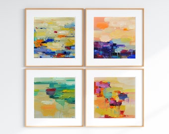 Giclee prints set of 4 of painting signed by artist,  12x12 square print, artwork gift, contemporary art set, Joyful colourful art