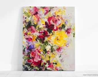 Signed Floral Canvas Print: Abstract Red & Yellow Flower Bouquet