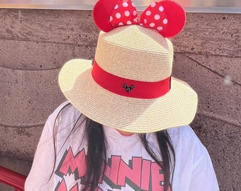 Straw Hat with Red Mouse Ears (Sewn By Hand)