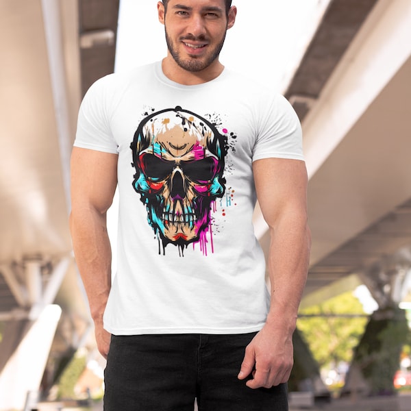 Colorful Skull Fashion Design Man T-Shirt 100% Cotton Crew Neck