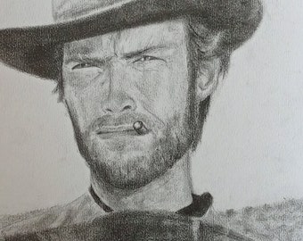 Dessin noir et blanc graphite Clint Eastwood 25/35 cm fait main.