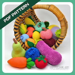 May include: A crocheted fruit and vegetable set in a wicker basket. The set includes a pear, carrot, aubergine, tomato, blueberry, and several other fruits and vegetables. The set is perfect for imaginative play or as a decorative piece.