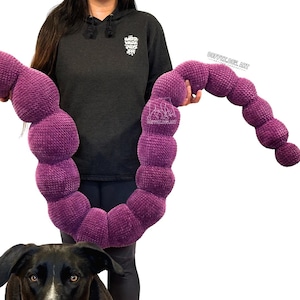 May include: A large, plush, purple dog toy in a segmented, worm-like shape. The toy is held by a person wearing a black hoodie. A black and white dog is in the foreground. The toy is made of a soft, textured material.