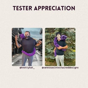 May include: Two people are shown wearing a purple plush worm toy. The text "TESTER APPRECIATION" is at the top of the image. The toy is draped around the shoulders of the people. The image includes the Instagram handles @knottykat_ and @vanessasintertwineddesigns.
