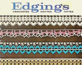 Vintage edgings and trims for knit, crochet and tatting projects.  Full book for towels, tablecloths, clothing and more.  Lily Design 205