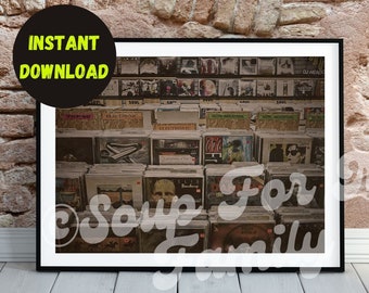 Platenwinkelkunst | Muziekliefhebber cadeau | Vintage kunstafdruk | Nostalgisch wanddecor | Retro-esthetiek | Ontwerp van vinylplaten | Op de jaren 70 geïnspireerde kunst