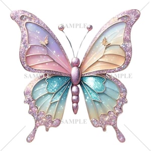 May include: A glittery butterfly with pink, blue, and yellow wings. The butterfly has a delicate, iridescent finish and is perfect for adding a touch of whimsy to any craft project.