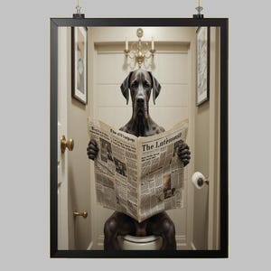 Pet Portrait Poster Dog News in Toilet, Funny Pet Portrait, Pet Customization, Read Newspaper in toilet, Cat Dog Gift