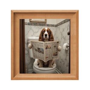 Pet Portrait PosterSpaniel Dog News in Toilet, Funny Pet Portrait, Pet Customization, Read Newspaper in toilet,  Cat Dog Gift