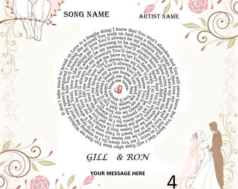Könnte beinhalten: Ein spiralförmiger Druck mit Hochzeitsliedtexten auf weißem Hintergrund mit rosafarbenen floralen Akzenten. Der Druck zeigt die Namen Gill & Ron und den Text "Ihre Nachricht hier".