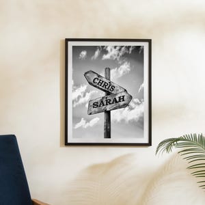 May include: Black and white photograph of a wooden signpost with two directional arrows. The arrows point in opposite directions and are labeled "Chris" and "Sarah". The signpost is set against a cloudy sky.